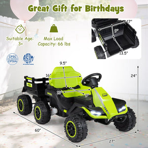 24V Ride on Tractor with Detachable Trailer and Music for Boys Girls-Green view 4