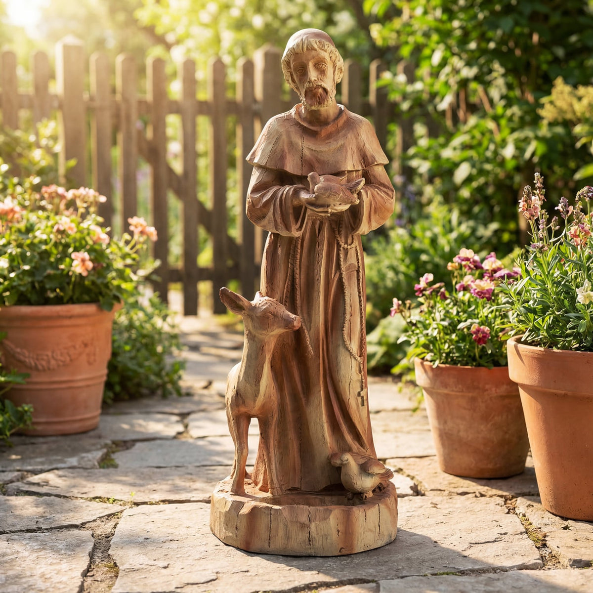 24.5 inch St. Francis Statue with Bird Feeder Saint Francis of Assisi with Animals Sculpture-Rustic Brown view 2