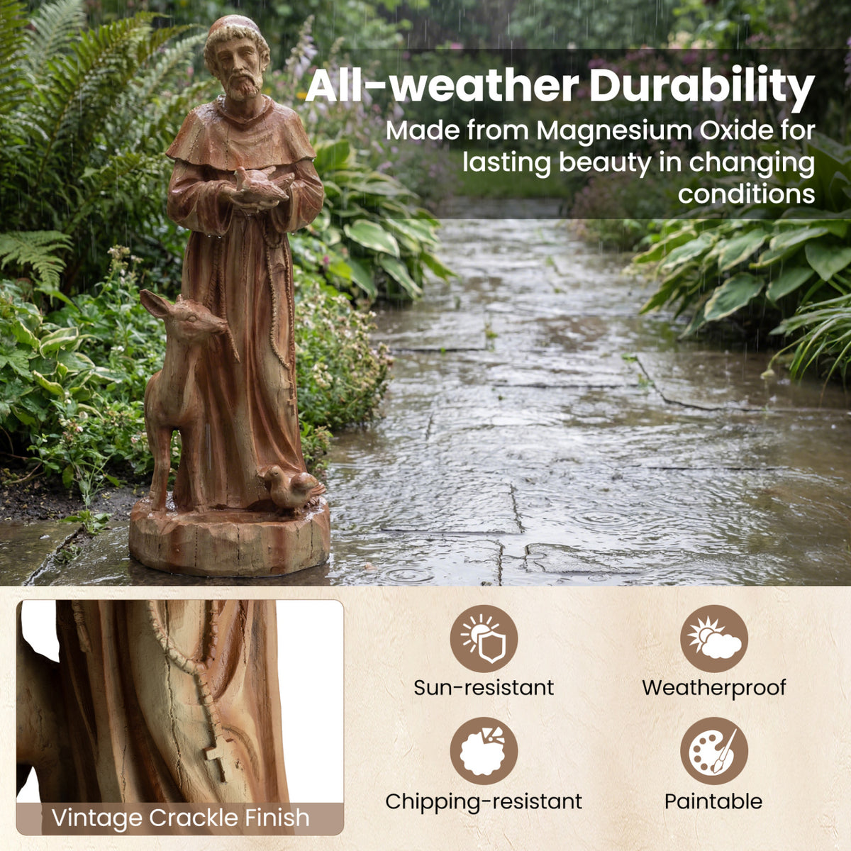 24.5 inch St. Francis Statue with Bird Feeder Saint Francis of Assisi with Animals Sculpture-Rustic Brown view 6
