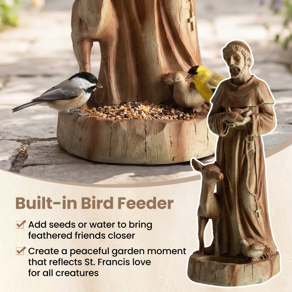 24.5 inch St. Francis Statue with Bird Feeder Saint Francis of Assisi with Animals Sculpture-Rustic Brown view 8