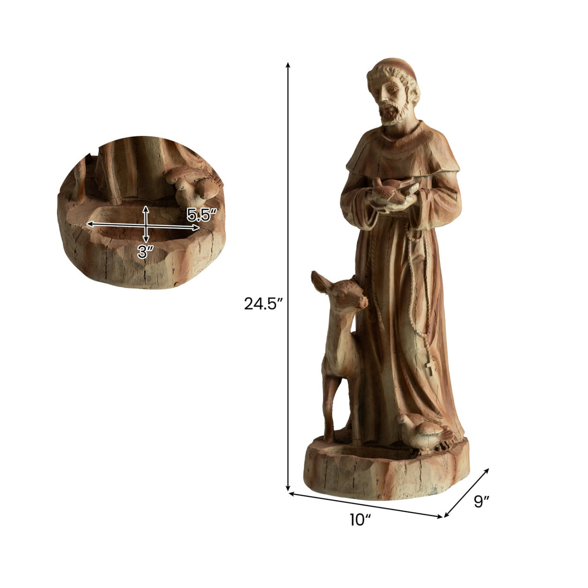 24.5 inch St. Francis Statue with Bird Feeder Saint Francis of Assisi with Animals Sculpture-Rustic Brown view 4