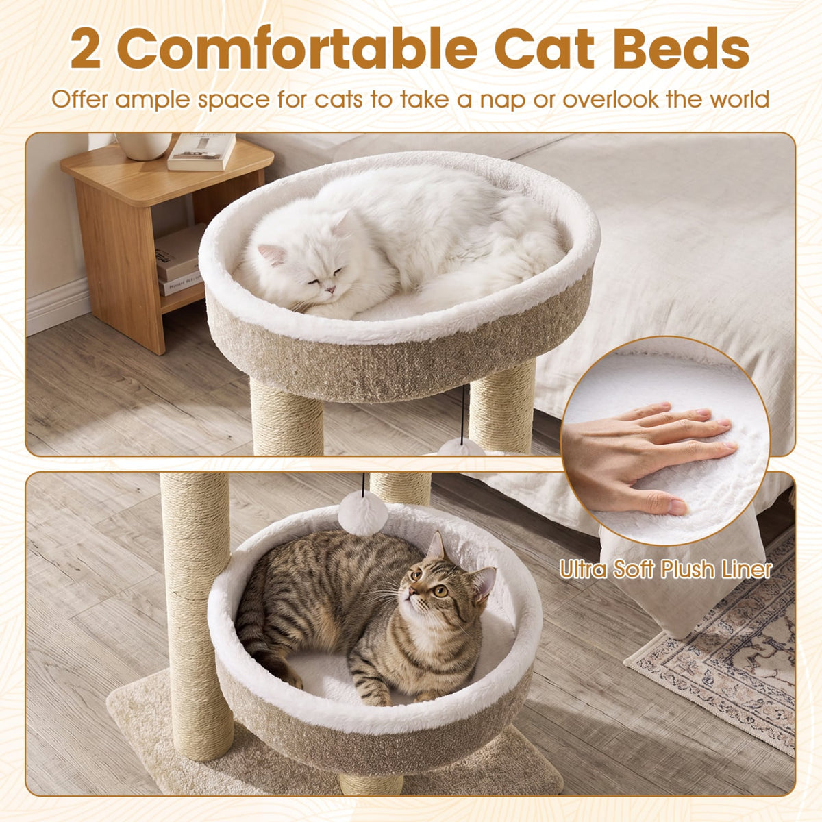 24 inches Cat Tower with 2 Plush Perches, Scratching Posts and Dangling Ball view 9