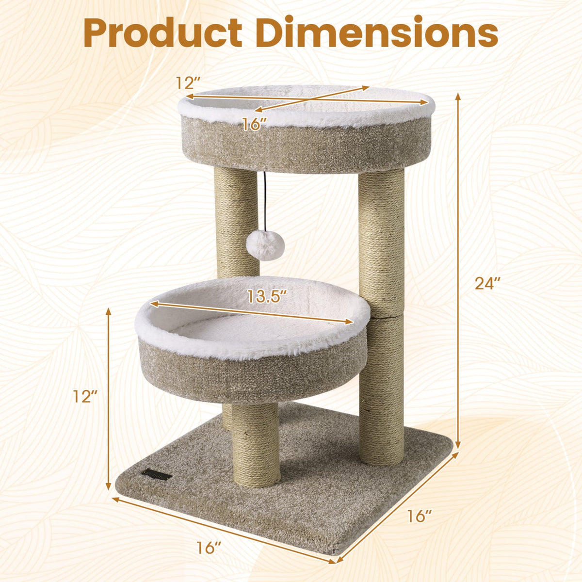 24 inches Cat Tower with 2 Plush Perches, Scratching Posts and Dangling Ball view 5