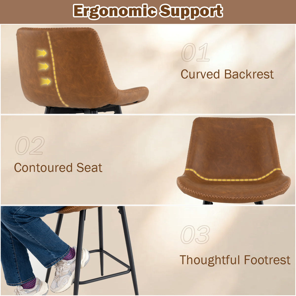 24 Inch Bar Stools Set of 4 with Backs and Footrests-Brown view 6