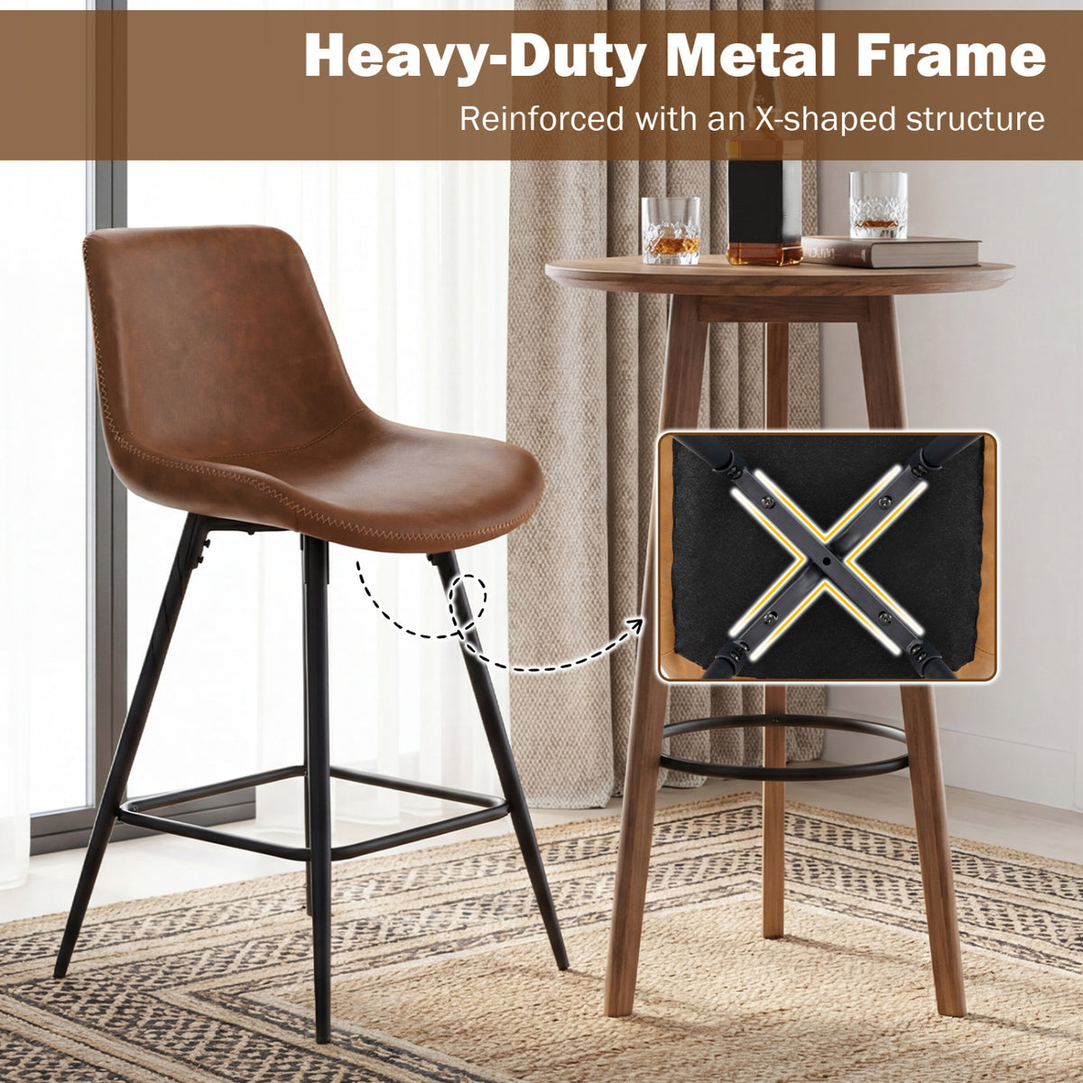 24 Inch Bar Stools Set of 4 with Backs and Footrests-Brown view 7