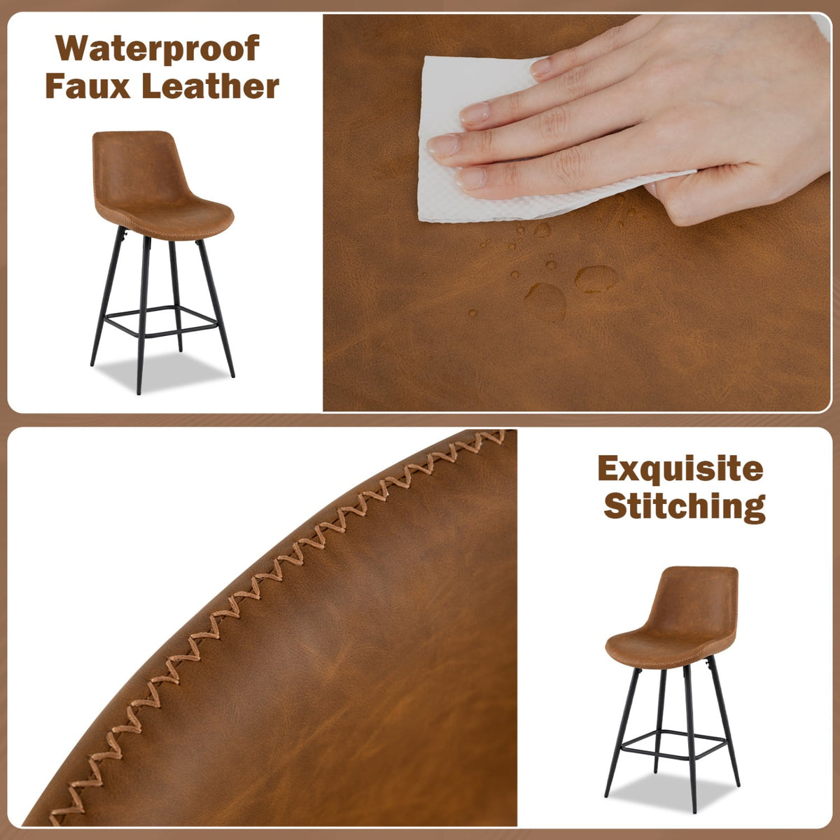 24 Inch Bar Stools Set of 2 with Backs and Footrests-Brown view 6