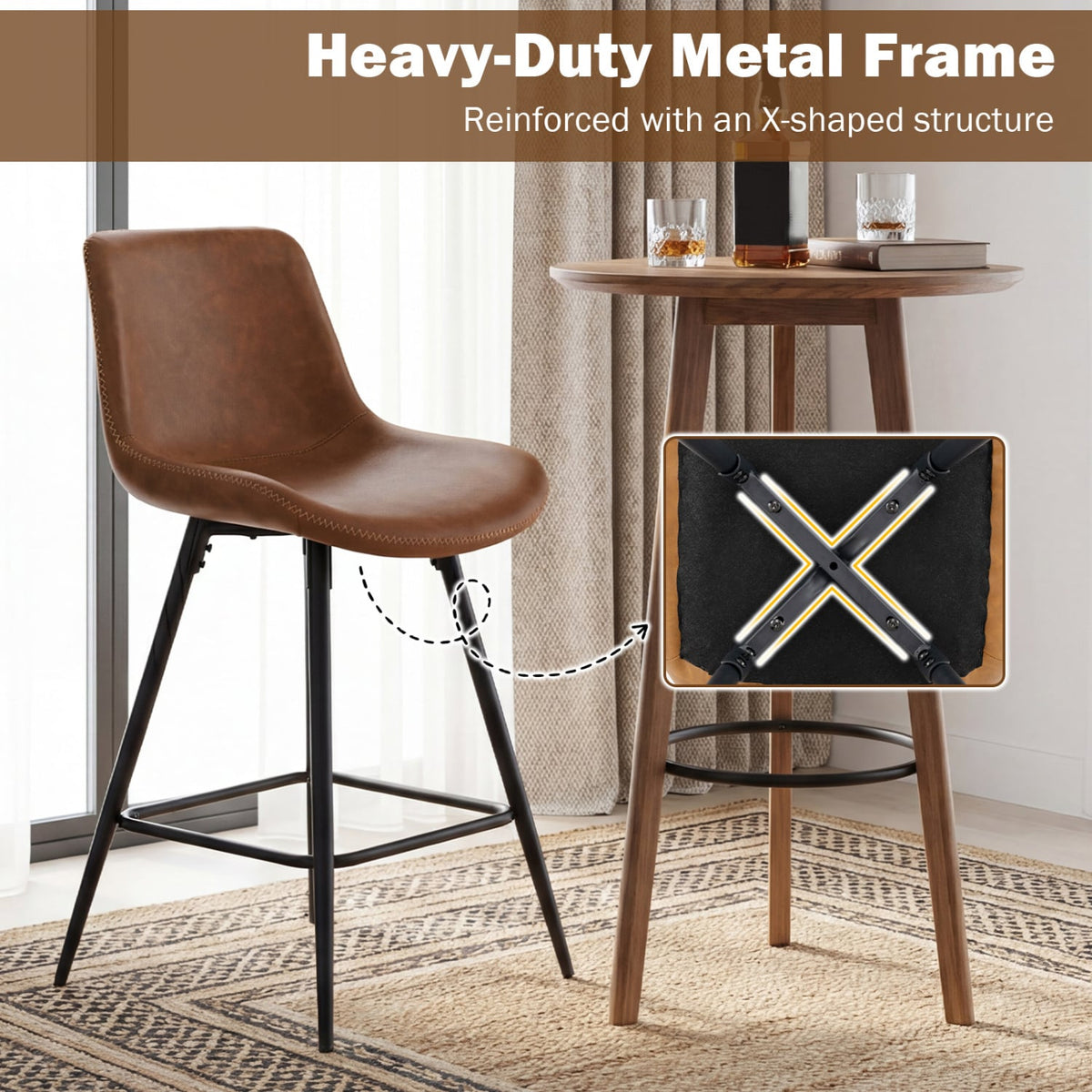 24 Inch Bar Stools Set of 2 with Backs and Footrests-Brown view 8