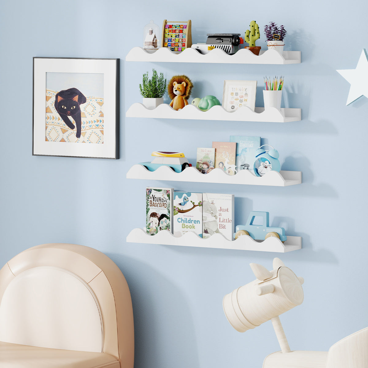 24 Inch Kids Bookshelf Set of 4 Wall-Mounted Picture Ledge Shelf-White view 3