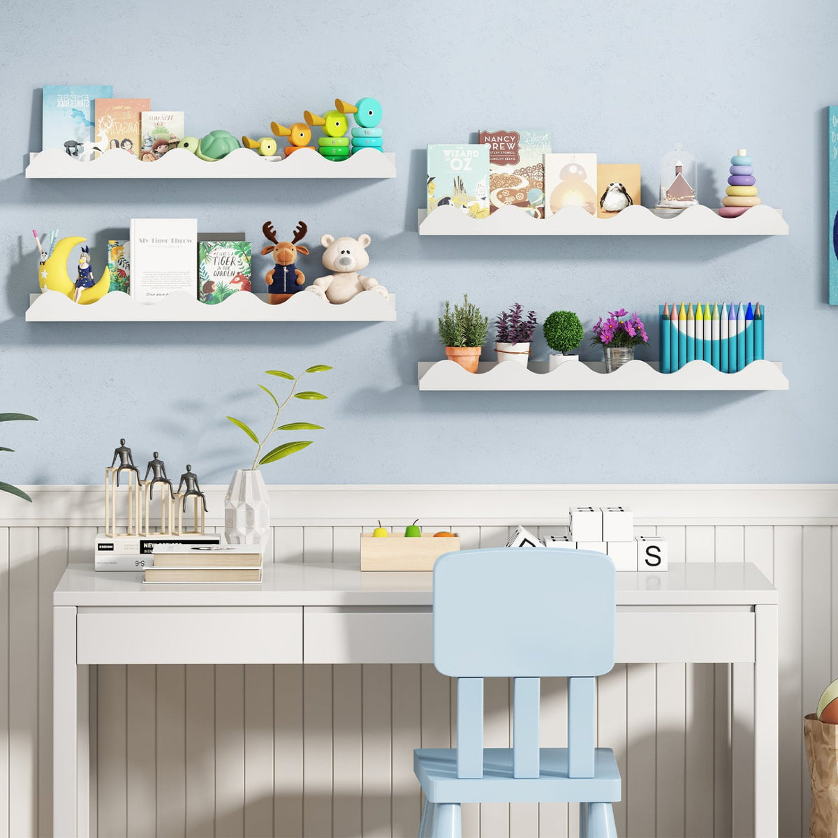 24 Inch Kids Bookshelf Set of 4 Wall-Mounted Picture Ledge Shelf-White view 6