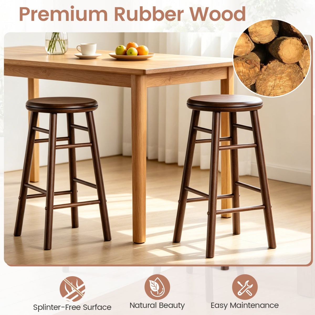 24 inches Swivel Bar Stools Set of 2 with Footrests & Crossbars-Walnut view 6