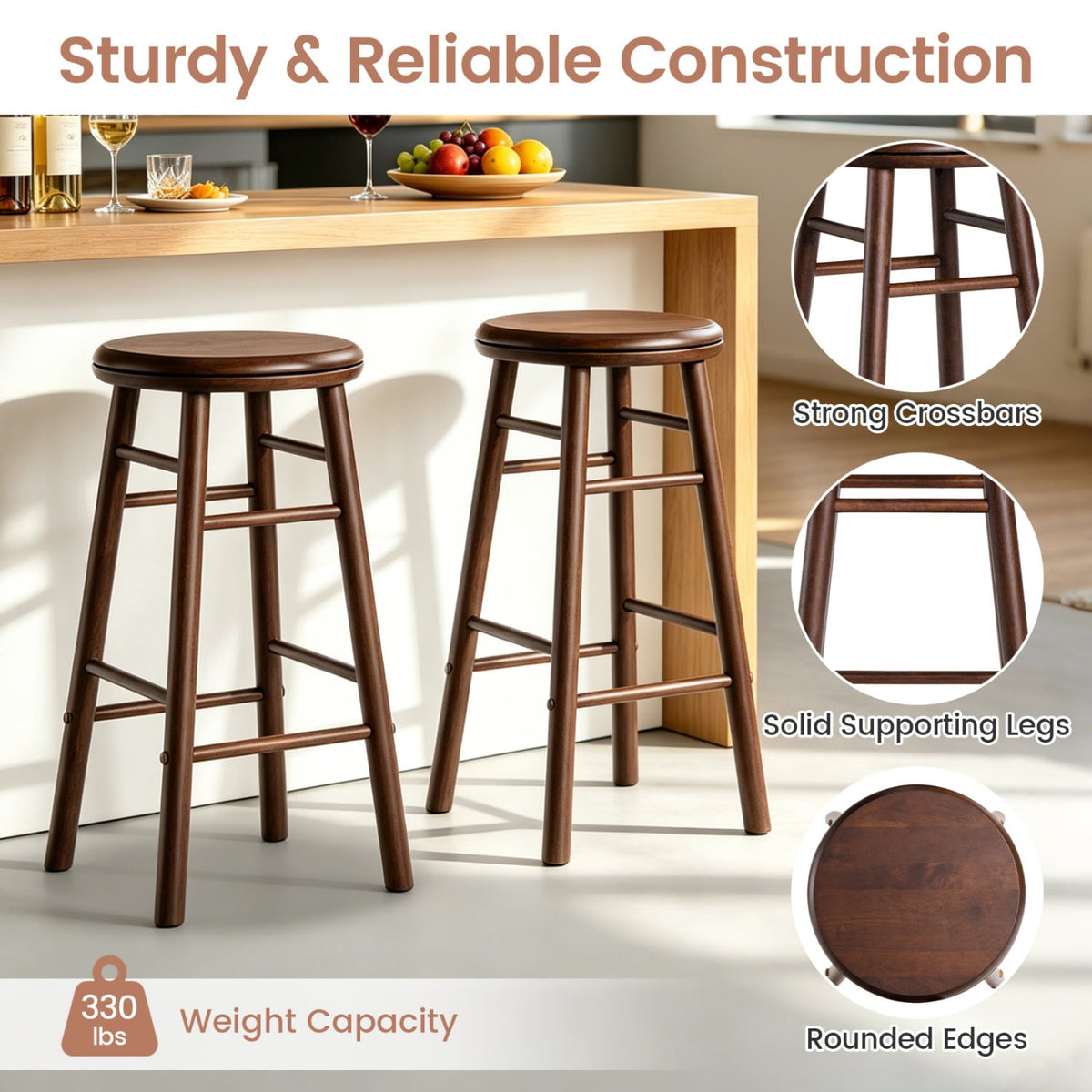24 inches Swivel Bar Stools Set of 2 with Footrests & Crossbars-Walnut view 8