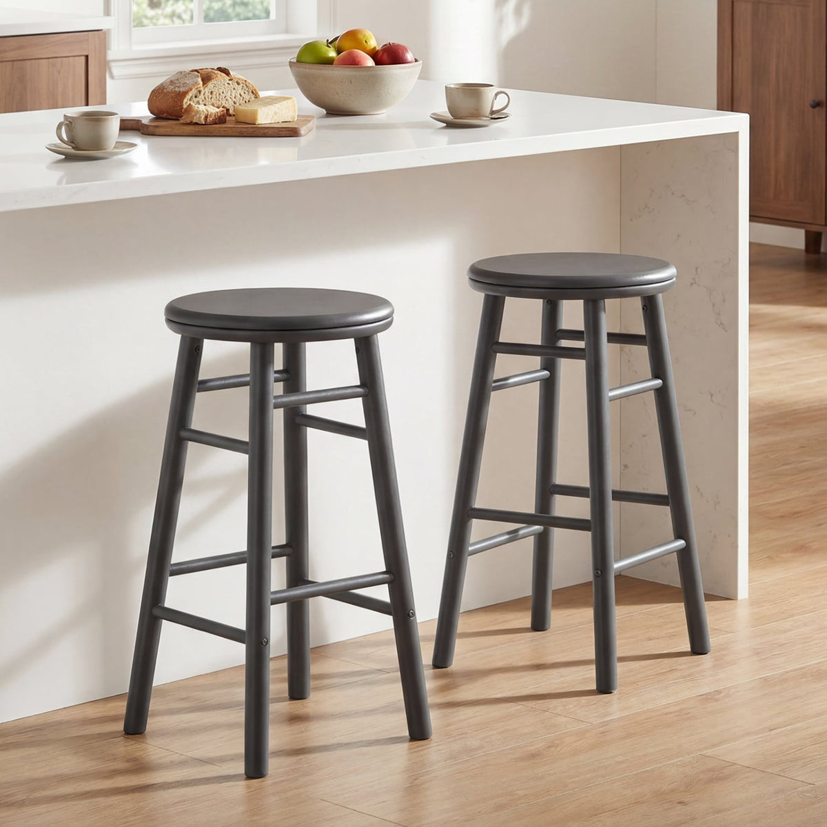 24 inches Swivel Bar Stools Set of 2 with Footrests & Crossbars-Gray view 2