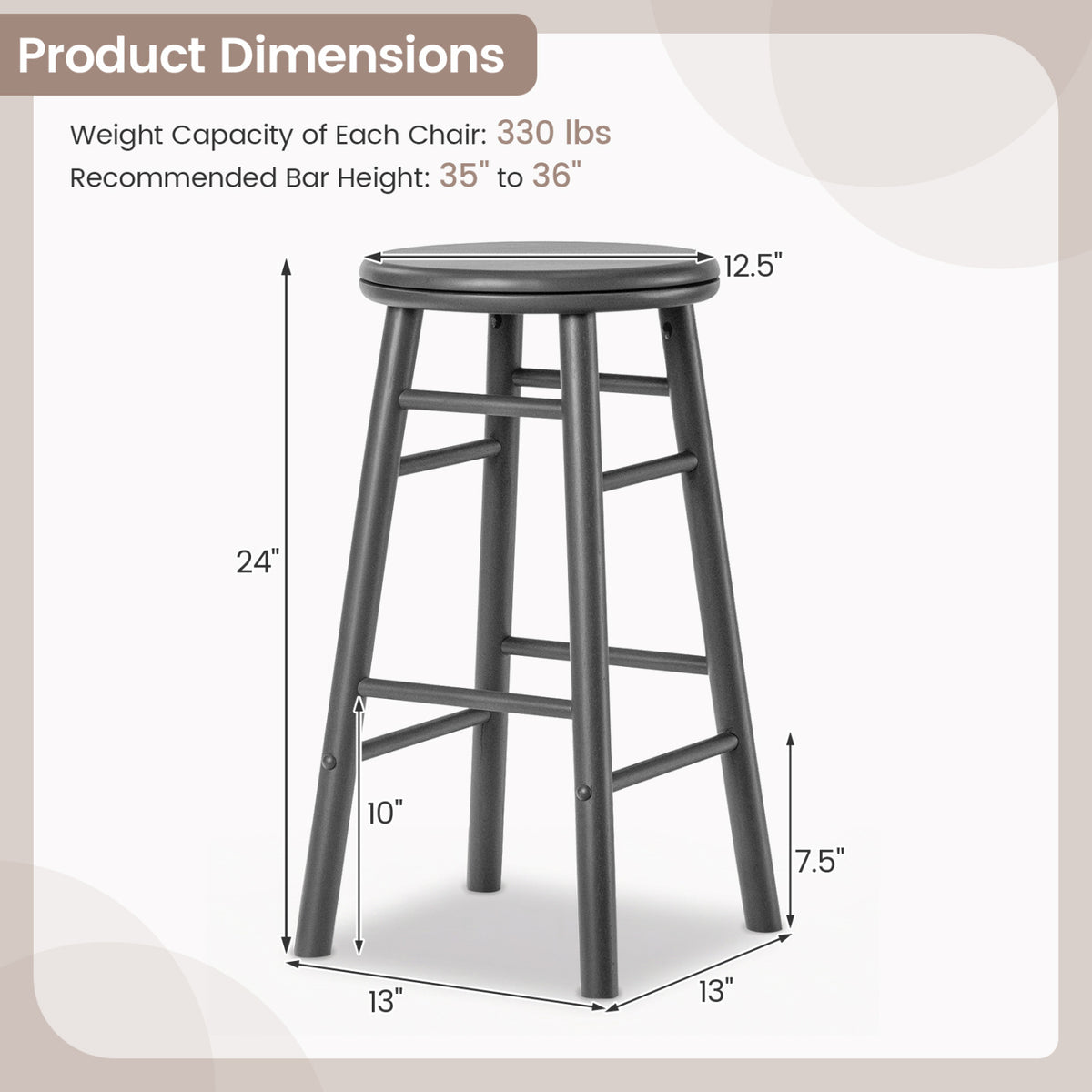 24 inches Swivel Bar Stools Set of 2 with Footrests & Crossbars-Gray view 9