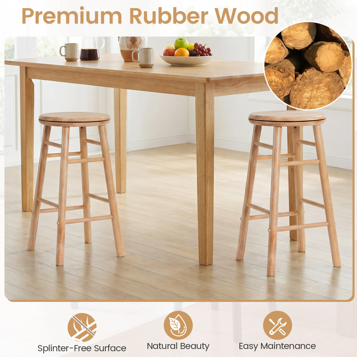 24 inches Swivel Bar Stools Set of 2 with Footrests & Crossbars-Natural view 6