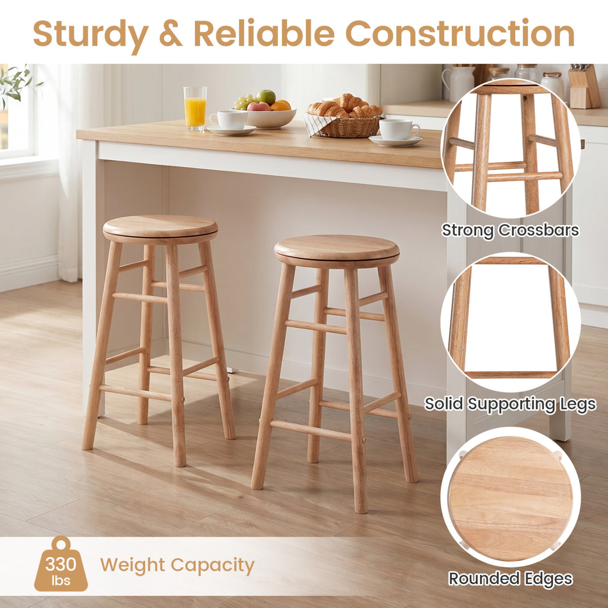 24 inches Swivel Bar Stools Set of 2 with Footrests & Crossbars-Natural view 8