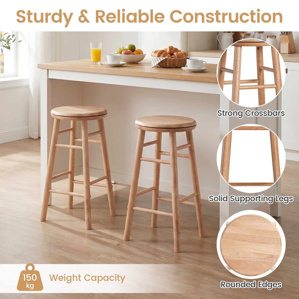 24 inches Swivel Bar Stools Set of 2 with Footrests & Crossbars-Natural view 9
