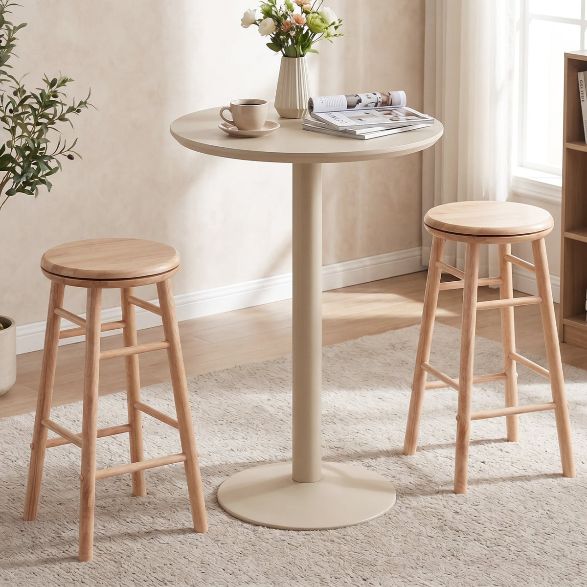24 inches Swivel Bar Stools Set of 2 with Footrests & Crossbars-Natural view 2