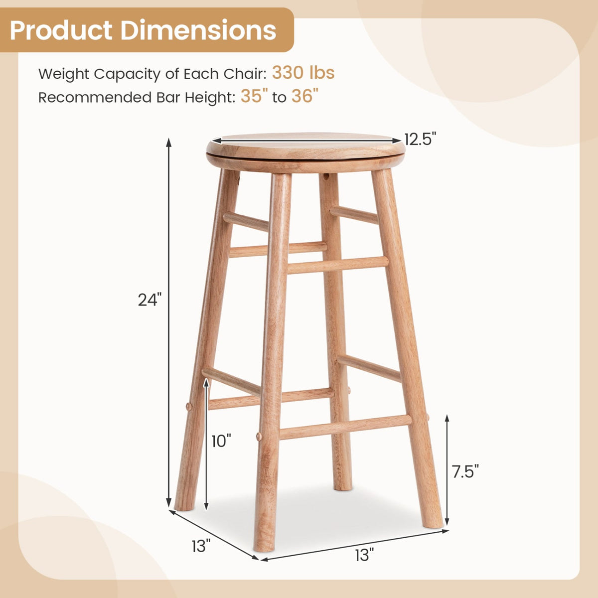 24 inches Swivel Bar Stools Set of 2 with Footrests & Crossbars-Natural view 5