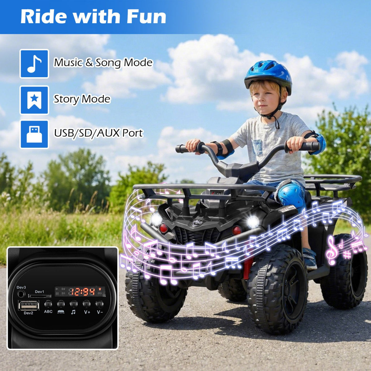 24V Electric Ride On Quad with LED Headlights-Black view 7