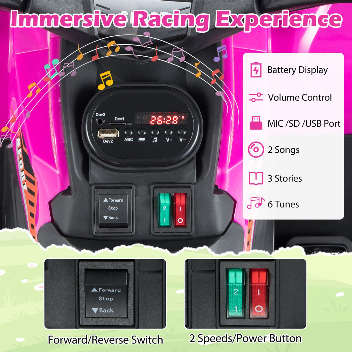 24V Electric Ride On Quad with LED Headlights-Black+Pink view 6