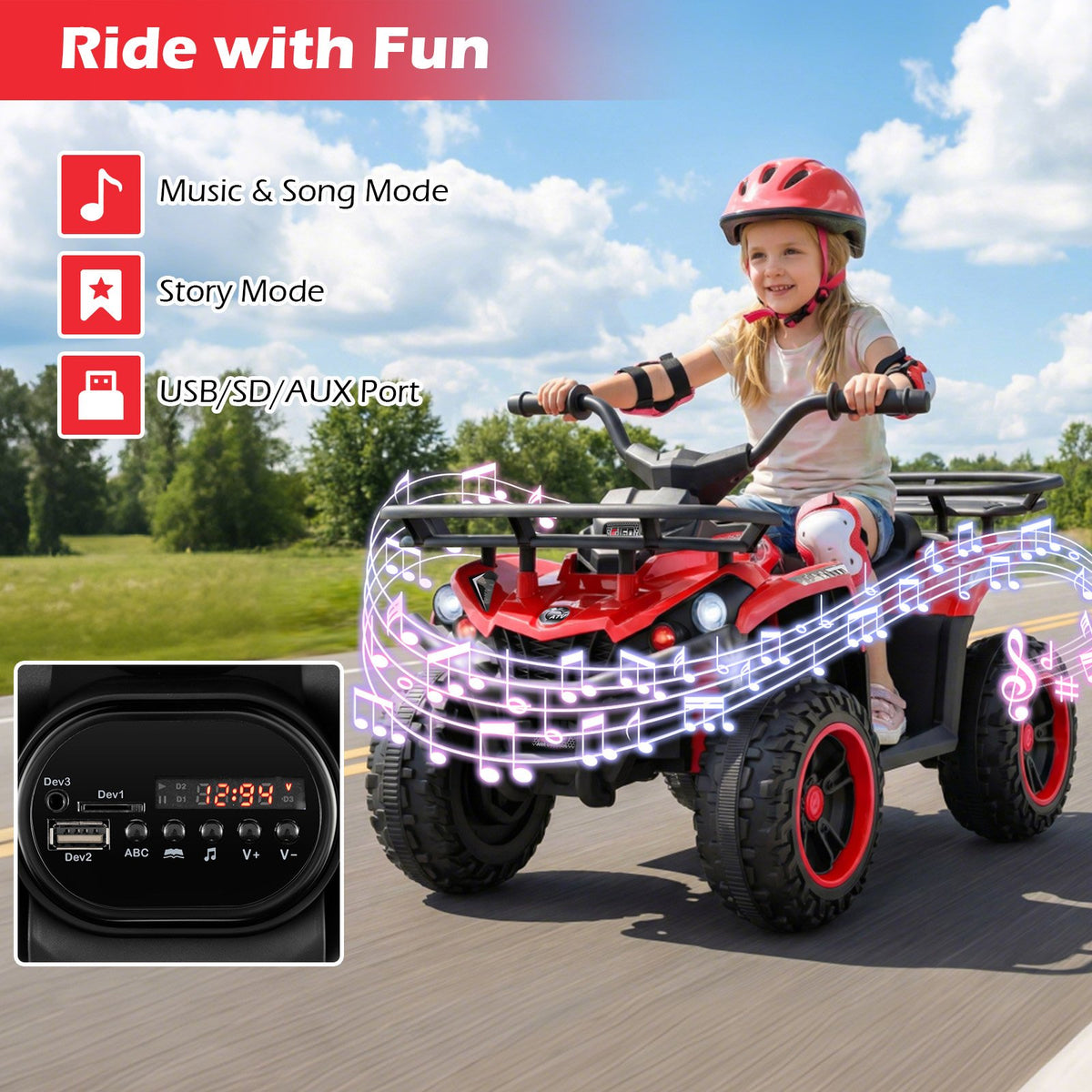 24V Electric Ride On Quad with LED Headlights-Red view 6
