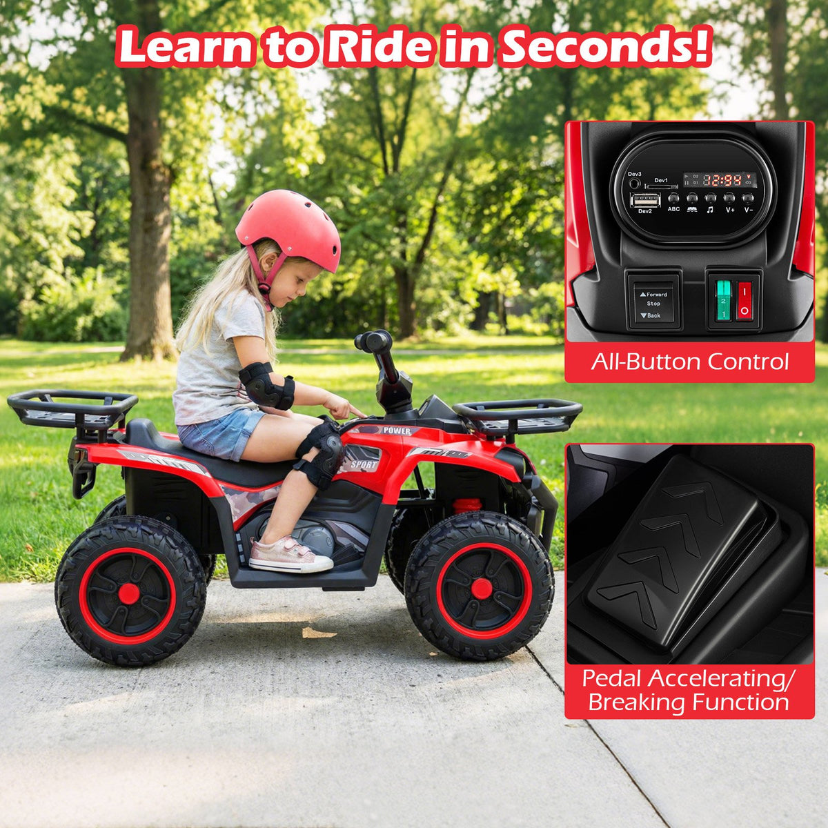 24V Electric Ride On Quad with LED Headlights-Red view 7