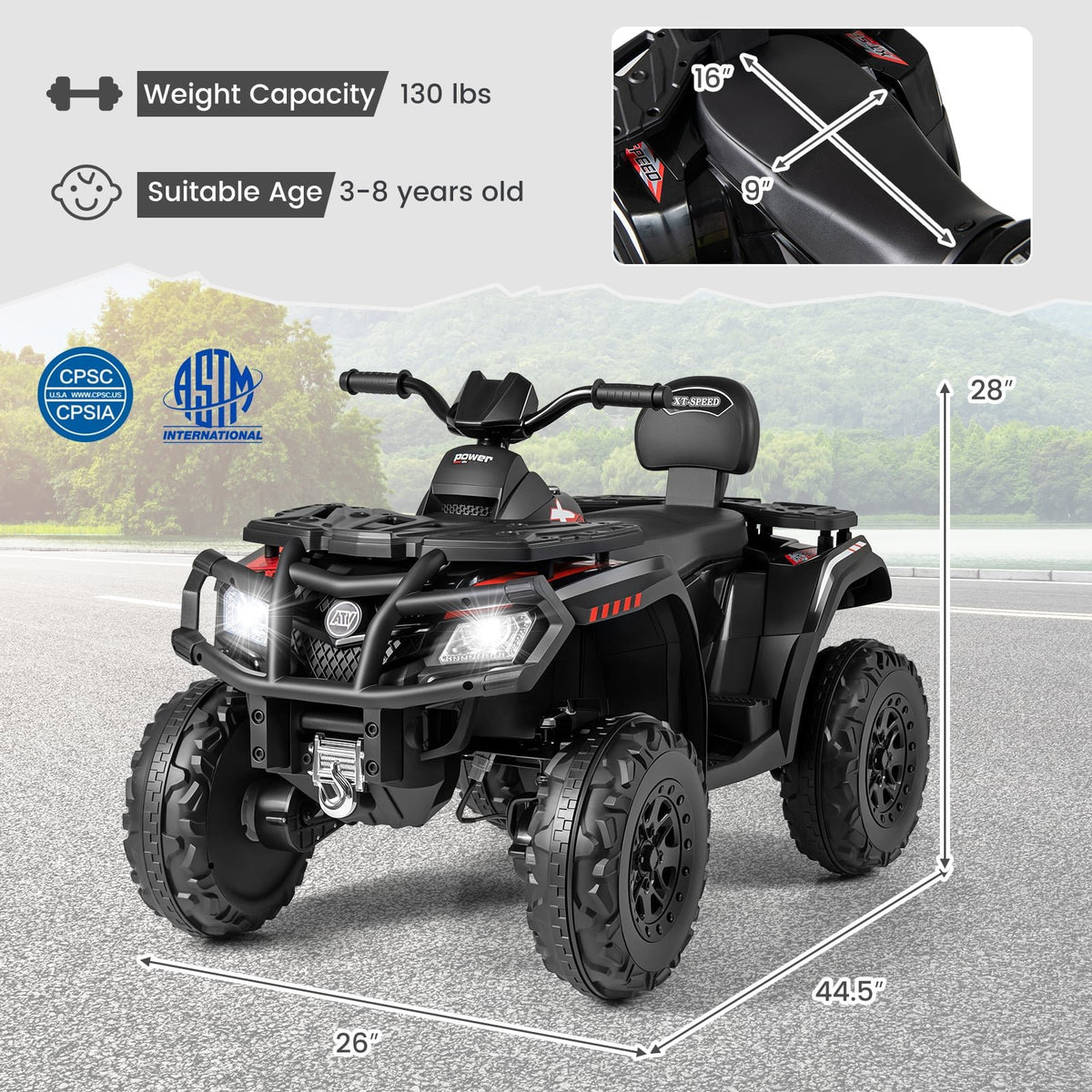 24V Kids ATV 2-Seater with 4 Motors with LED Lights and Music-Black view 5