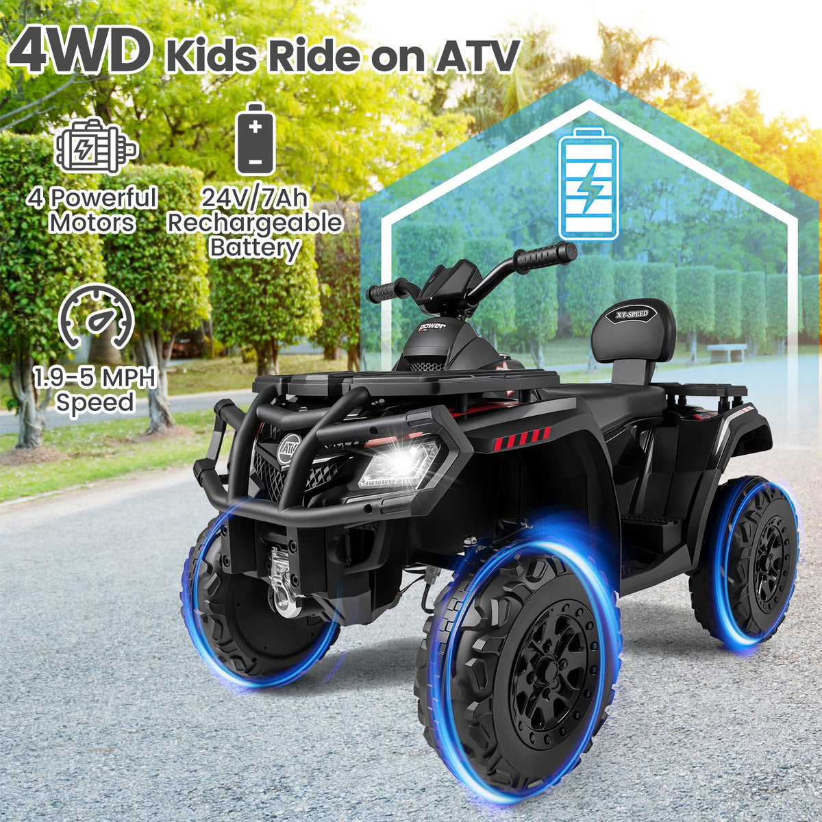 24V Kids ATV 2-Seater with 4 Motors with LED Lights and Music-Black view 6