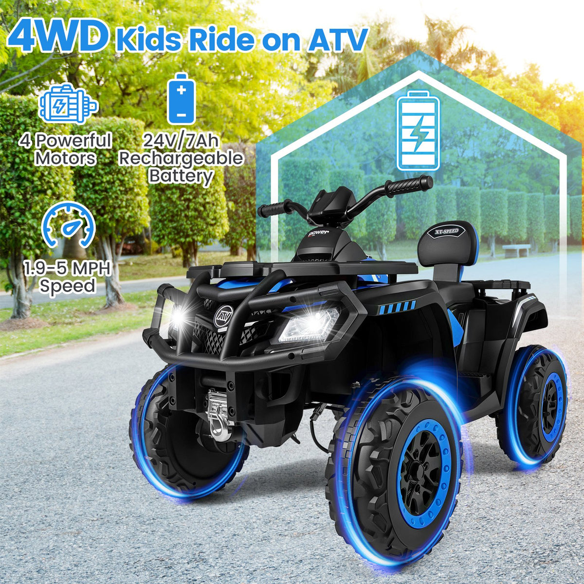 24V Kids ATV 2-Seater with 4 Motors with LED Lights and Music-Blue view 7