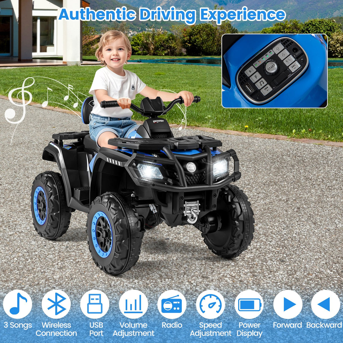 24V Kids ATV 2-Seater with 4 Motors with LED Lights and Music-Blue view 8