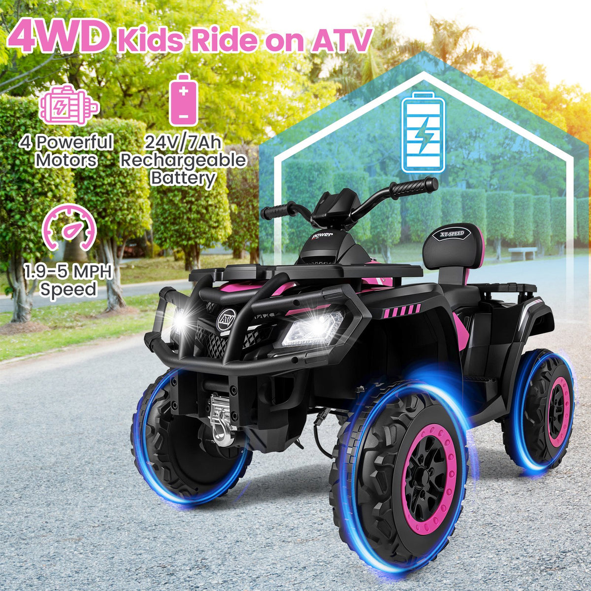 24V Kids ATV 2-Seater with 4 Motors with LED Lights and Music-Pink view 7