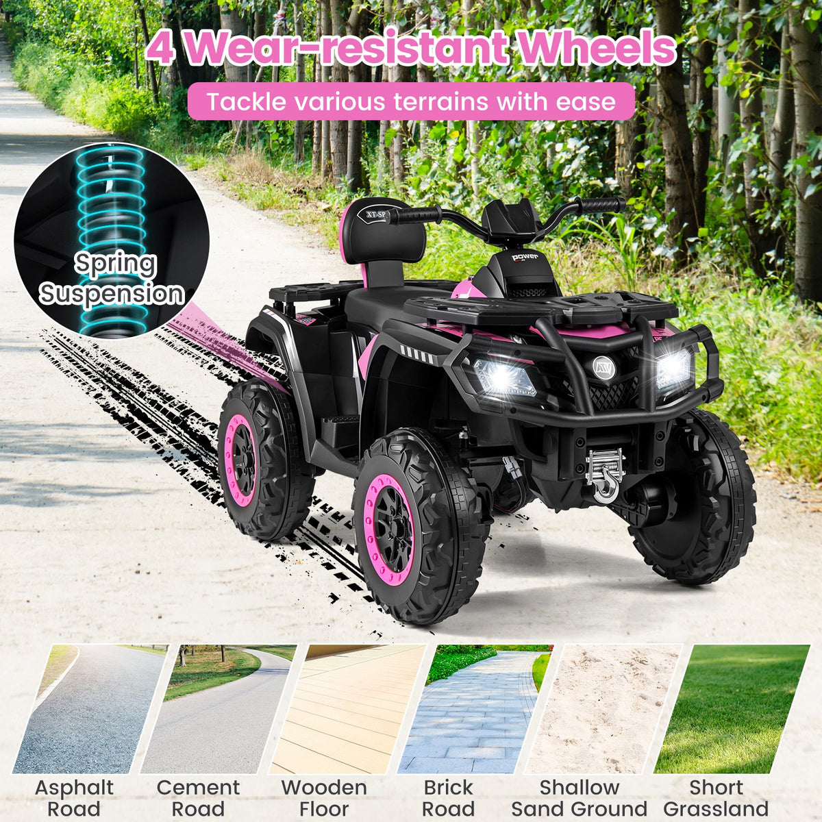 24V Kids ATV 2-Seater with 4 Motors with LED Lights and Music-Pink view 8