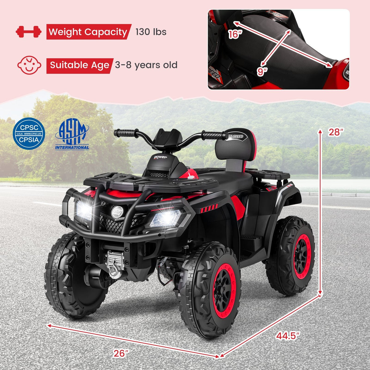 24V Kids ATV 2-Seater with 4 Motors with LED Lights and Music-Red view 5