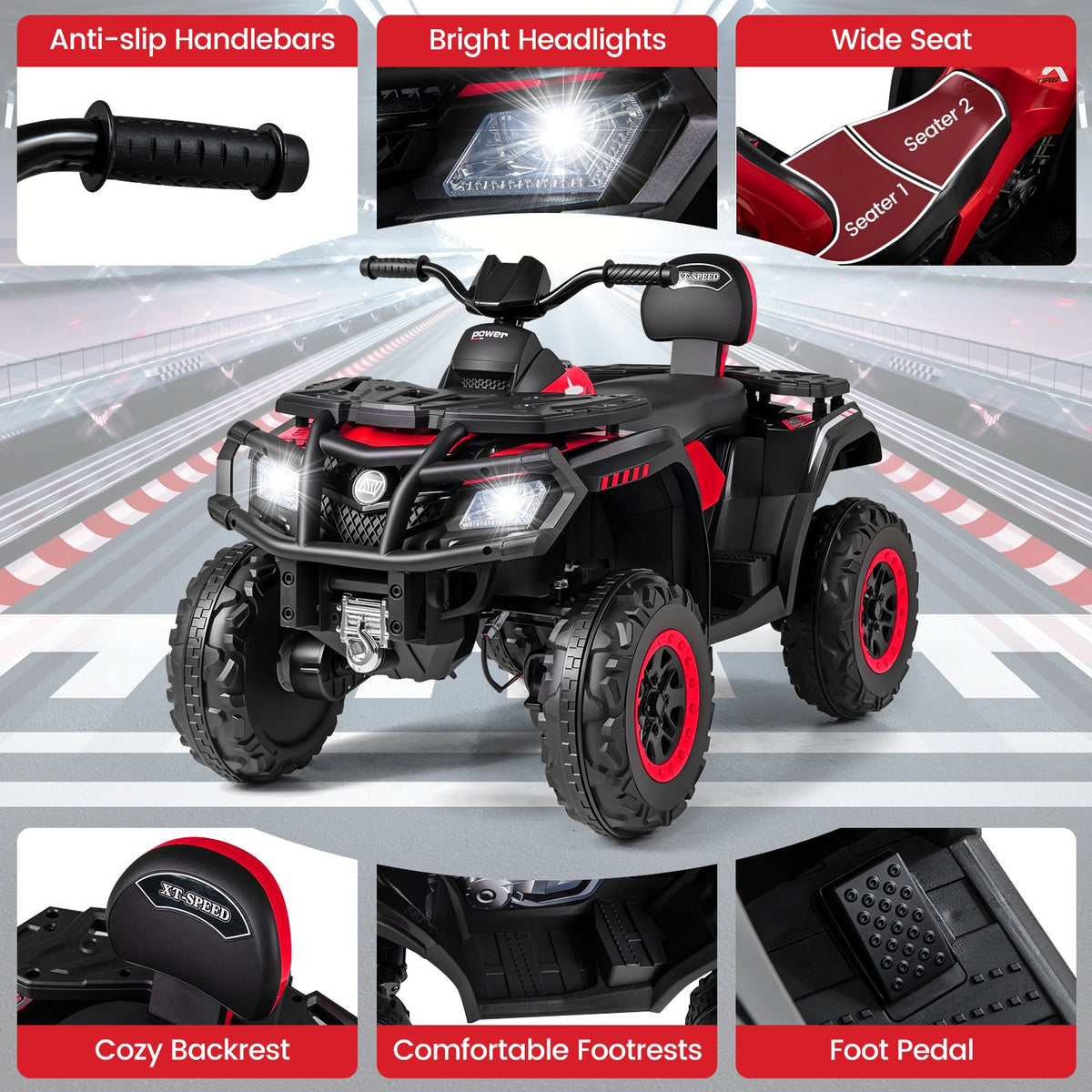 24V Kids ATV 2-Seater with 4 Motors with LED Lights and Music-Red view 6
