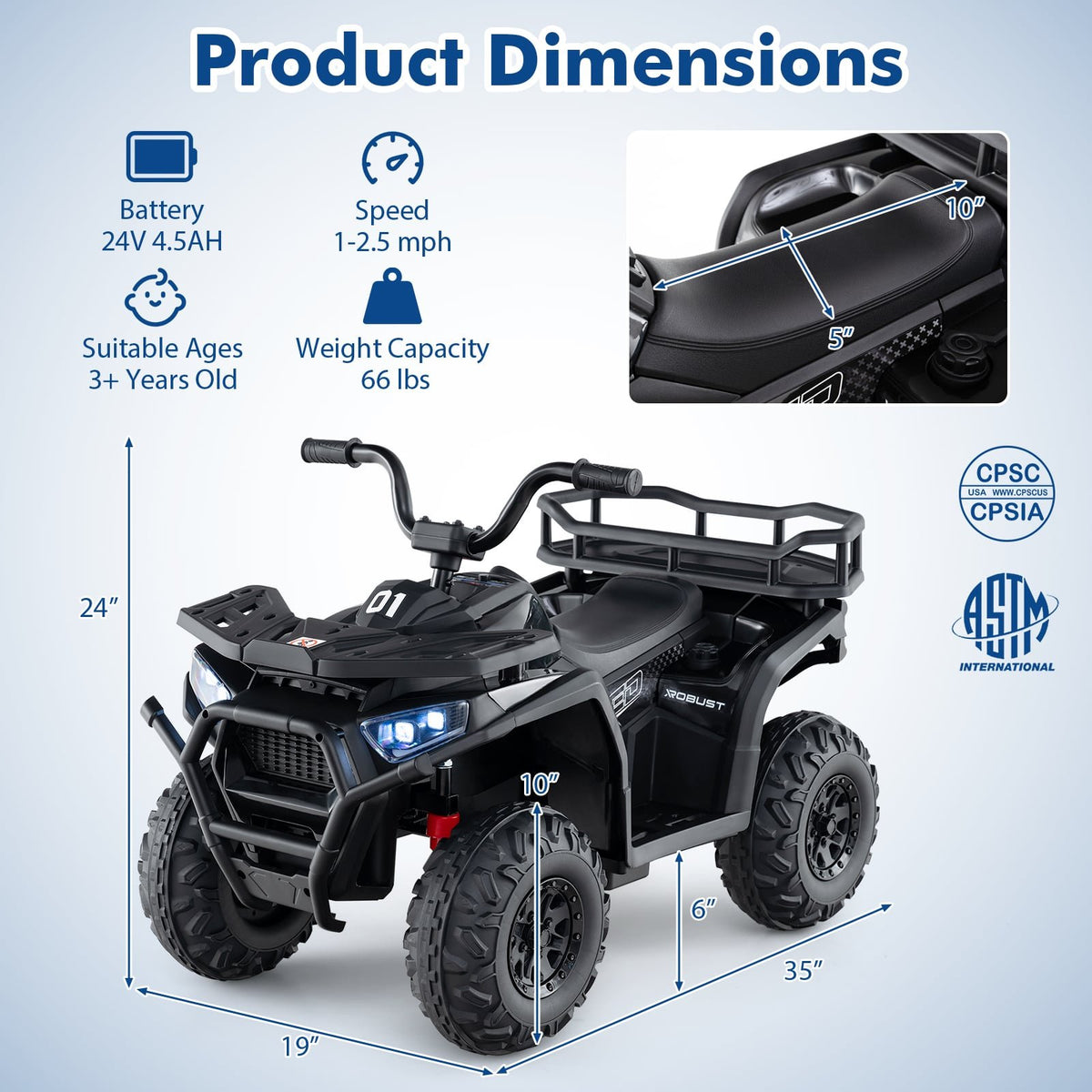 24V Kids Ride on Electric ATV Quad Car with Realistic Sounds and, LED Lights-Black view 5