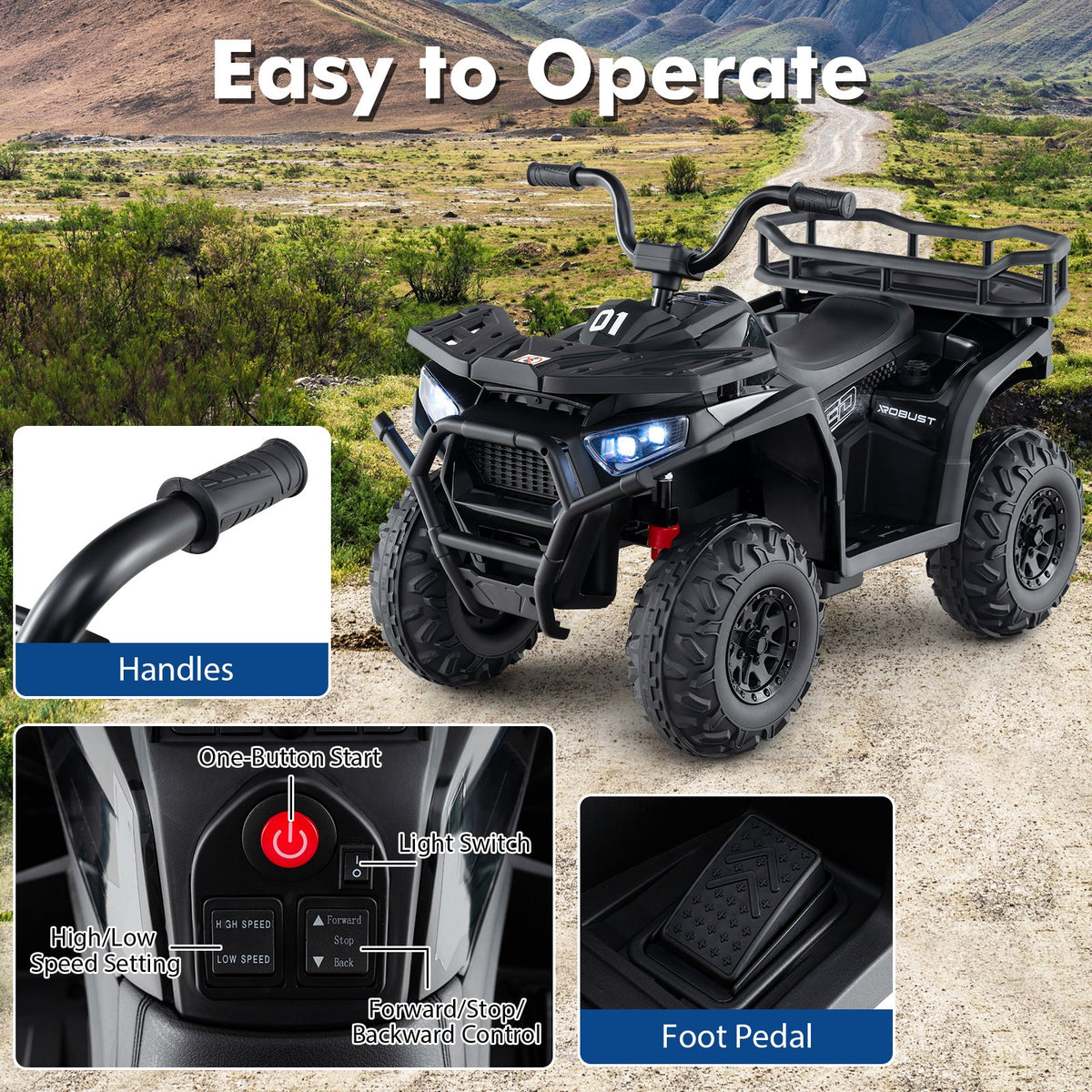24V Kids Ride on Electric ATV Quad Car with Realistic Sounds and, LED Lights-Black view 7