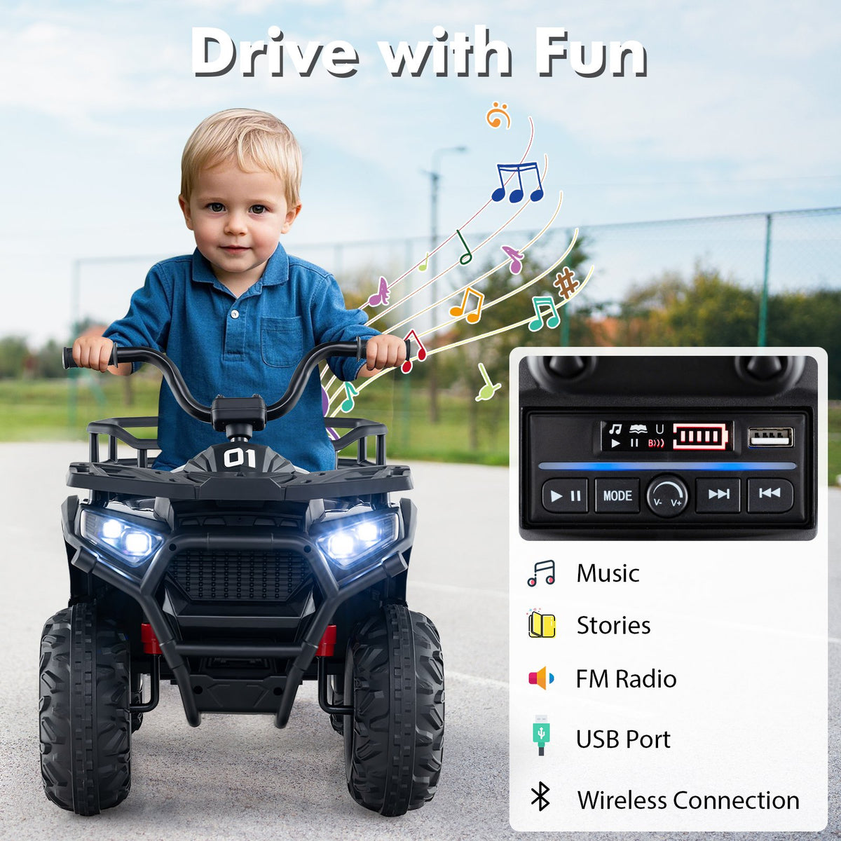 24V Kids Ride on Electric ATV Quad Car with Realistic Sounds and, LED Lights-Black view 8
