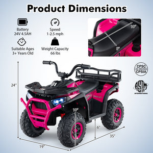 24V Kids Ride on Electric ATV Quad Car with Realistic Sounds and, LED Lights-Pink view 5