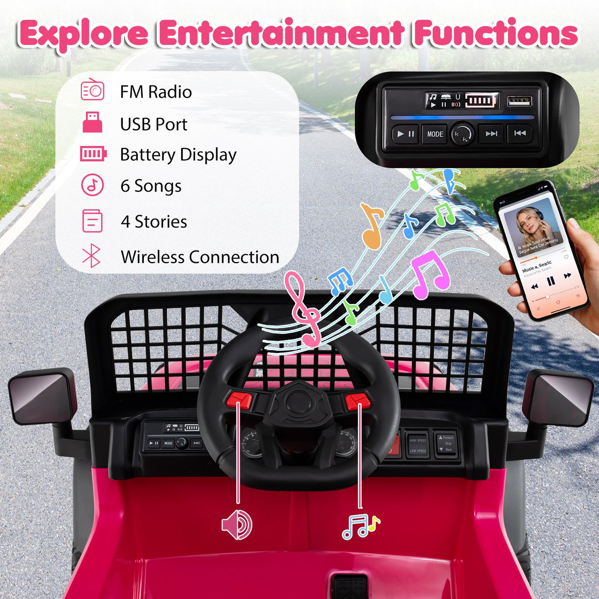 24V Ride On Car for Kids with Parent Remote Control and Music-Pink view 7