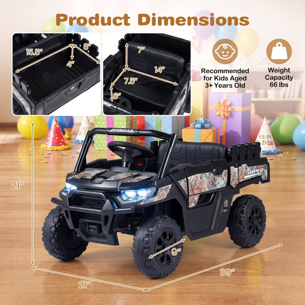 24V Ride On Dump Truck Car Off-Road with Remote Control and Music-Black view 4