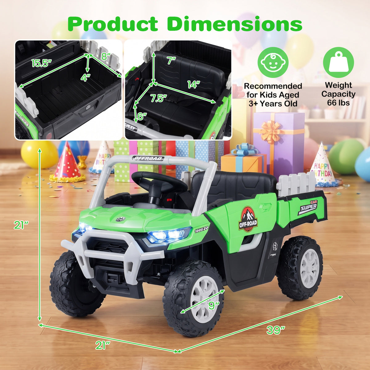 24V Ride On Dump Truck Car Off-Road with Remote Control and Music-Green view 4