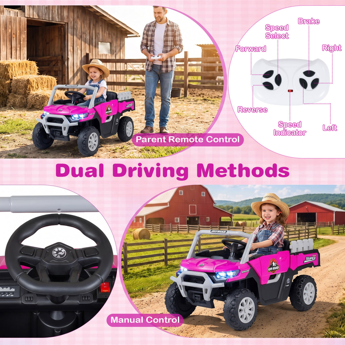 24V Ride On Dump Truck Car Off-Road with Remote Control and Music-Pink view 4