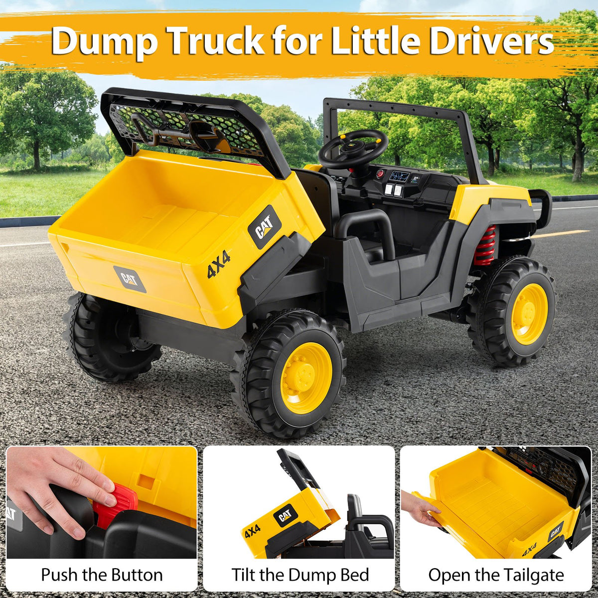24V Ride On Dump Truck Licensed Caterpillar 2-Seater Kids Car with Remote Control-Yellow view 8