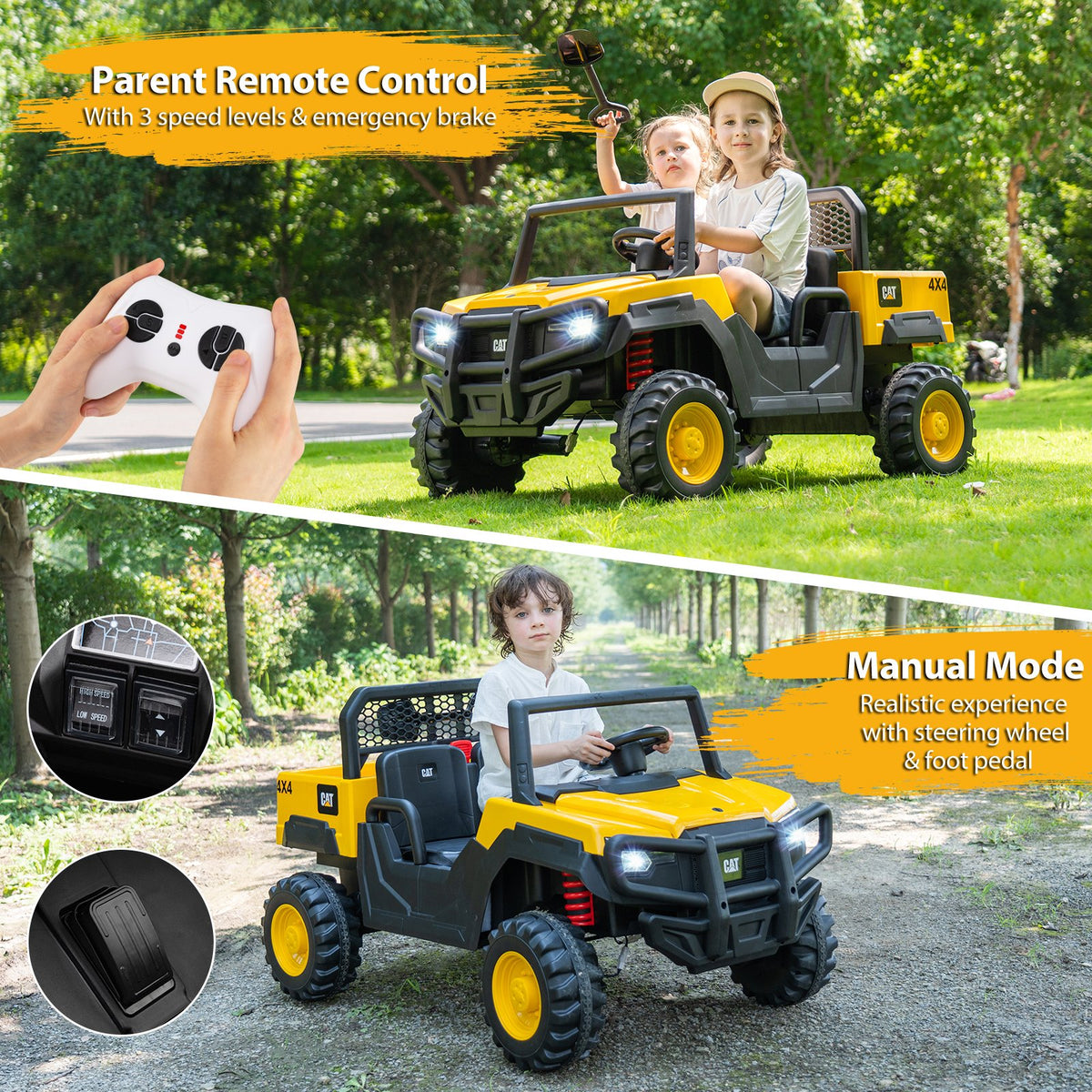 24V Ride On Dump Truck Licensed Caterpillar 2-Seater Kids Car with Remote Control-Yellow view 9