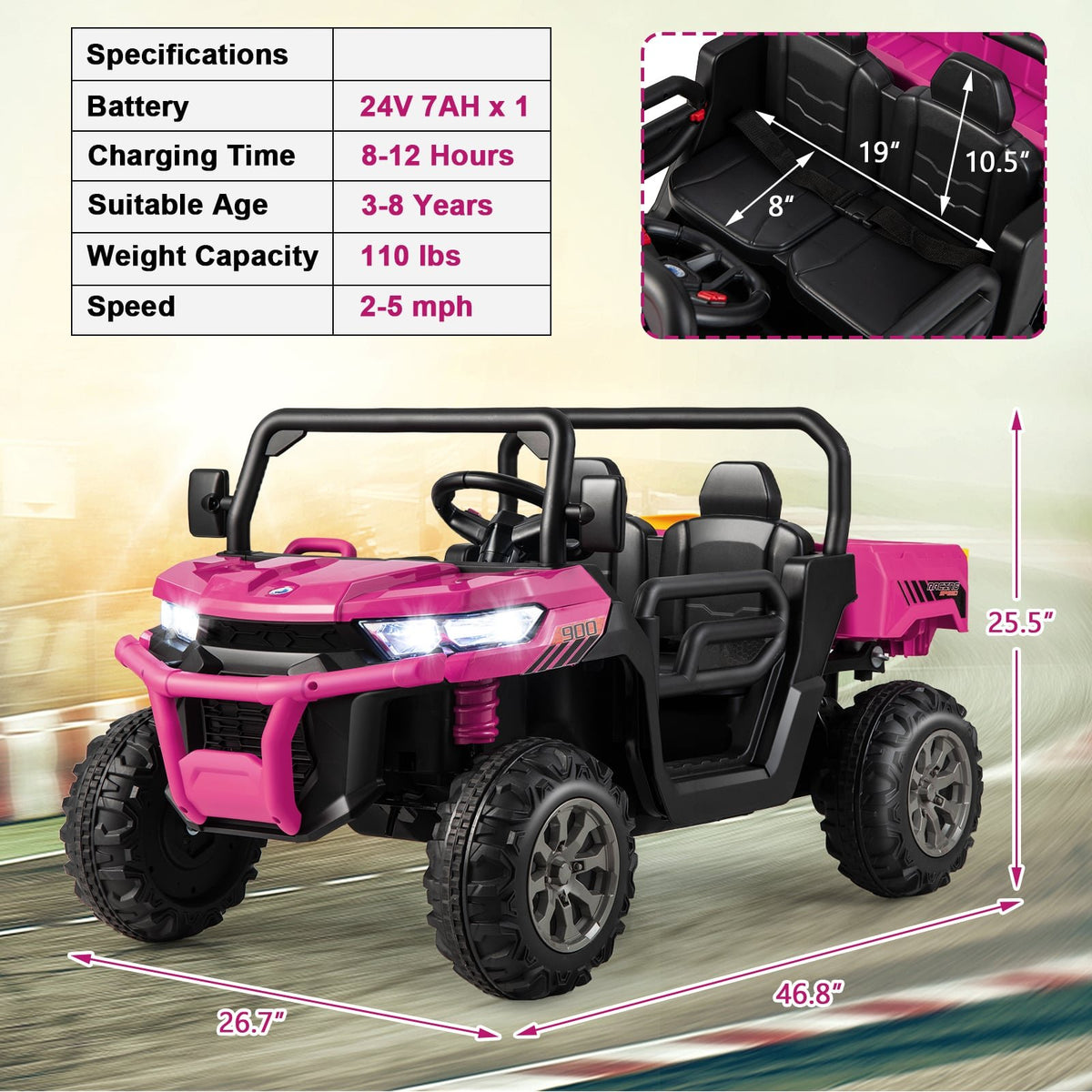 24V Ride On Kids Car with Dump Bed and Remote Control-Pink view 4