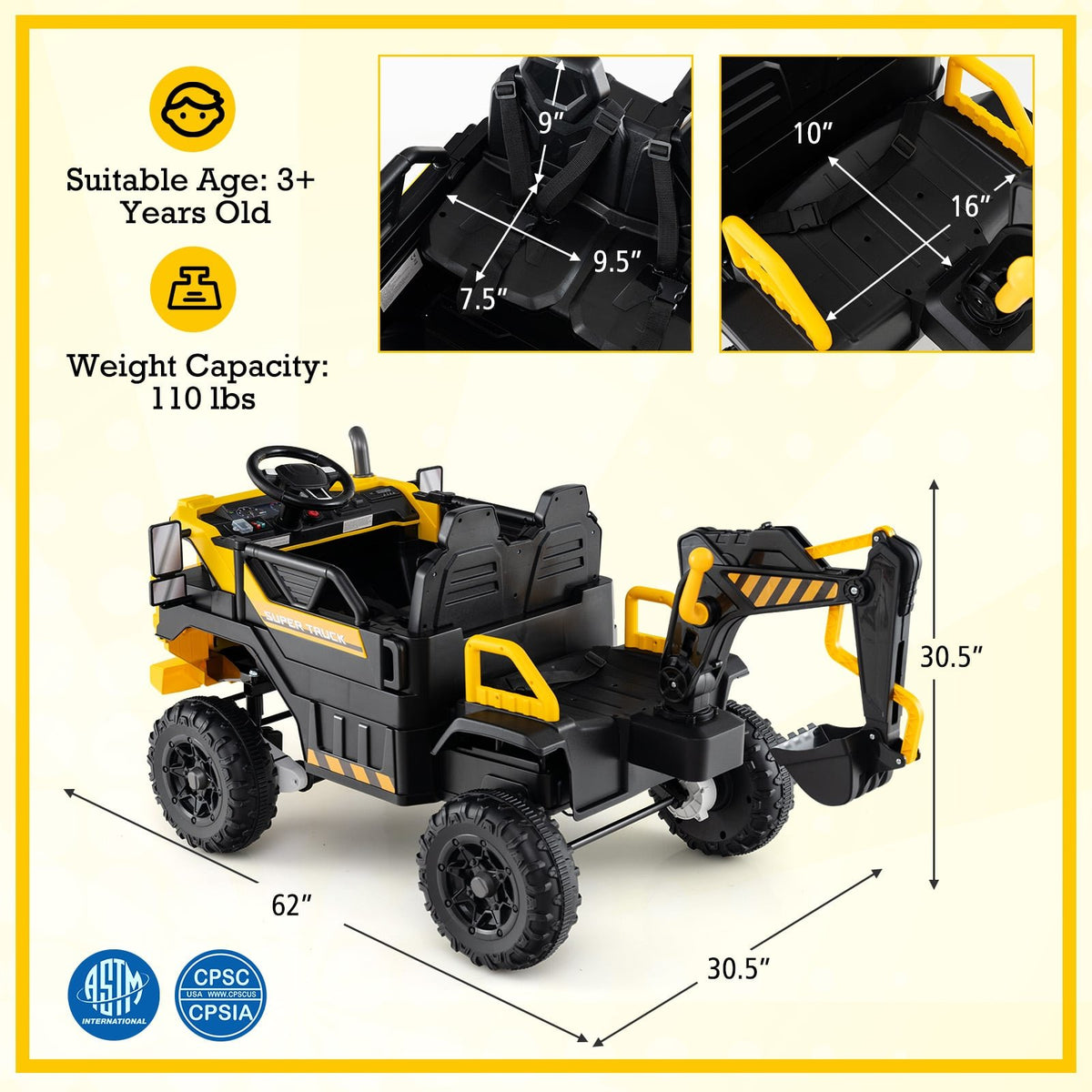 24V Ride On Excavator 4WD 2-Seater with Remote Control and Digging Arm-Yellow view 4
