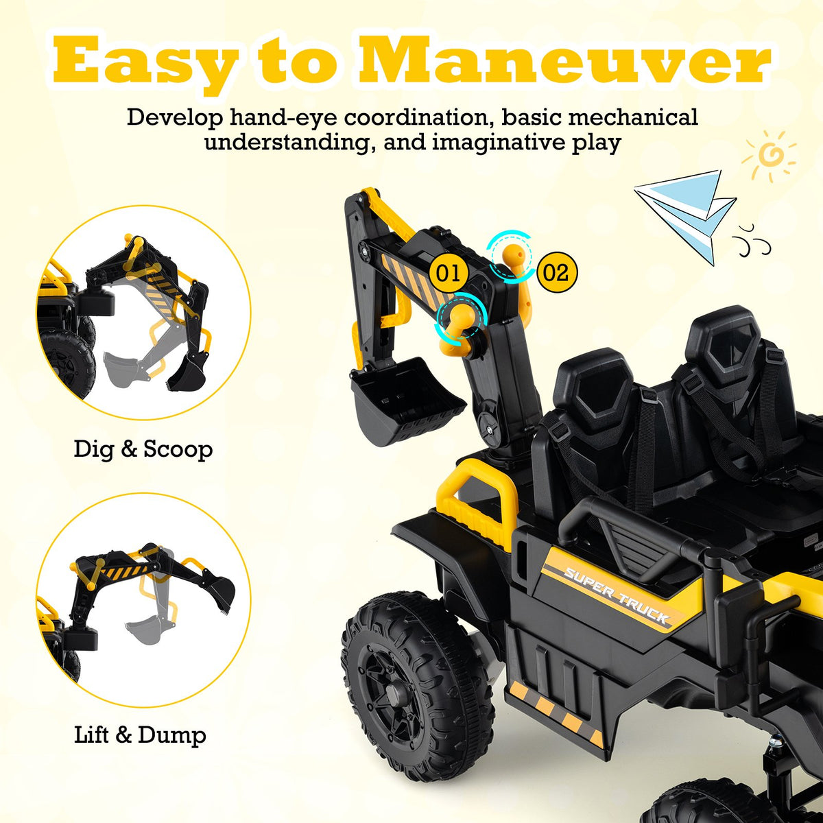 24V Ride On Excavator 4WD 2-Seater with Remote Control and Digging Arm-Yellow view 7