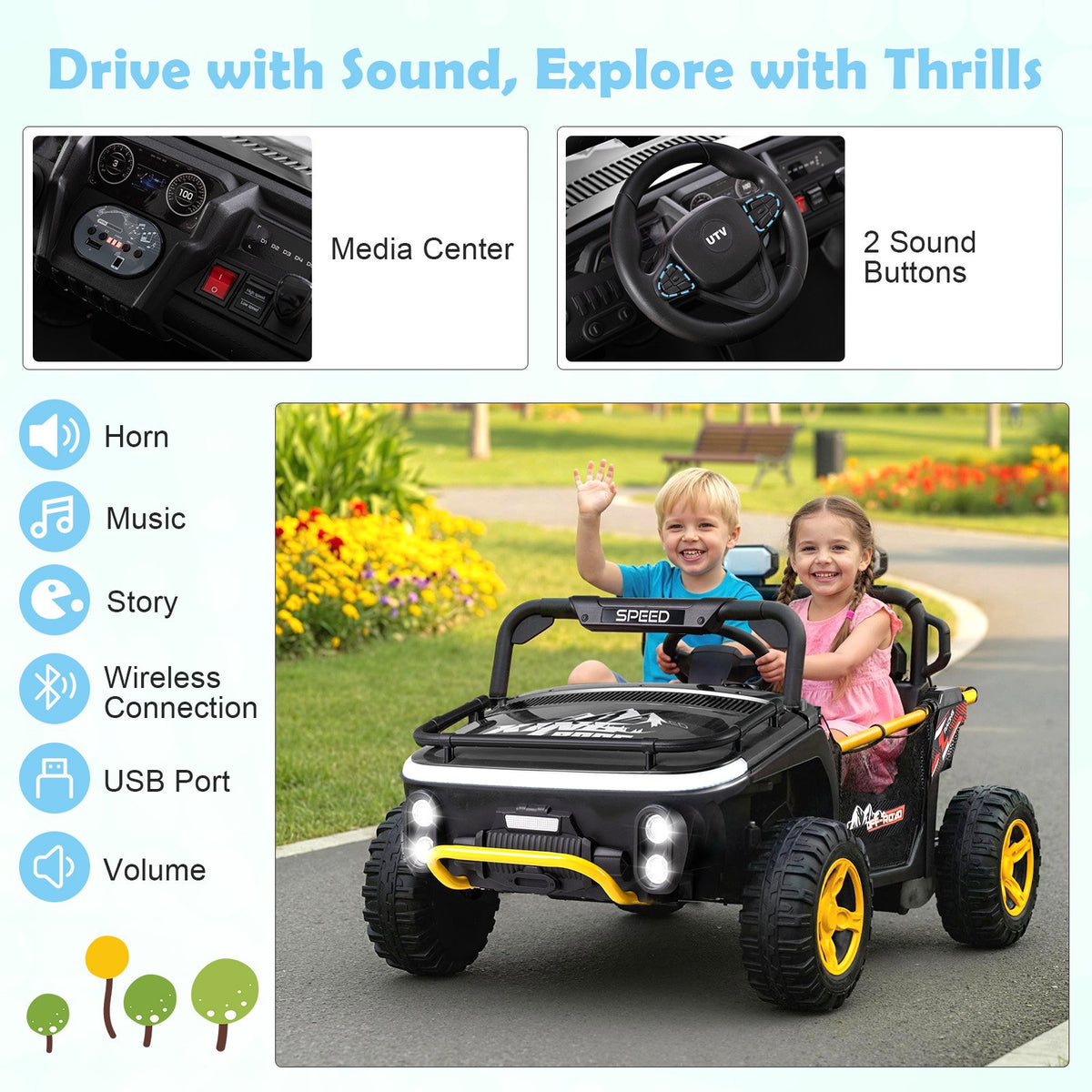 24V Ride on Toy for Kids 2 Seater Ride on Truck Car with Horn Music Story-Black view 6