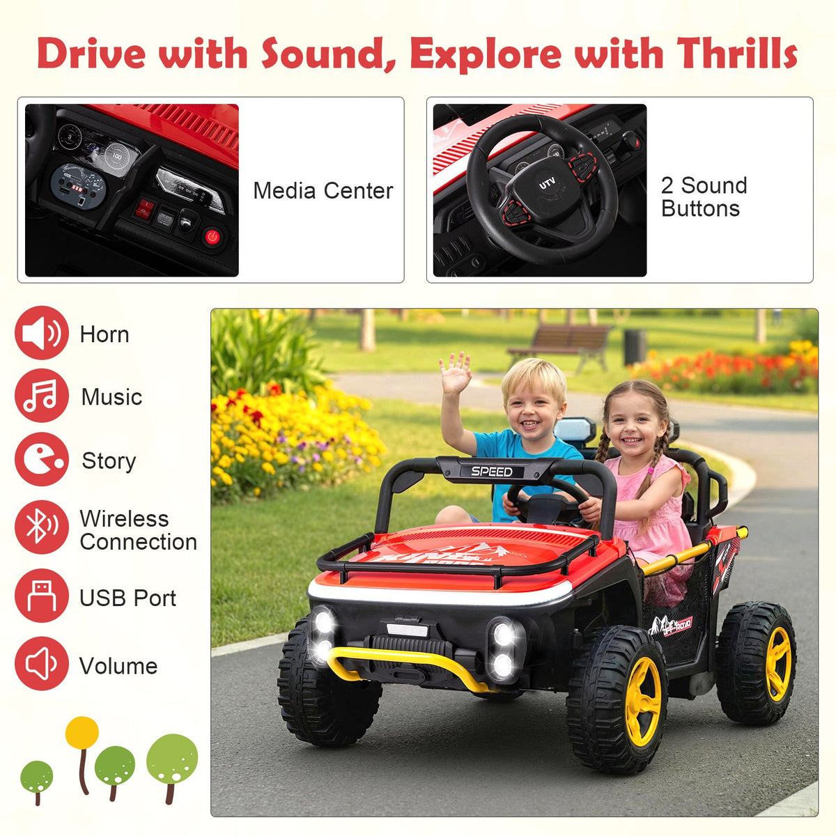 24V Ride on Toy for Kids 2 Seater Ride on Truck Car with Horn Music Story-Red view 6