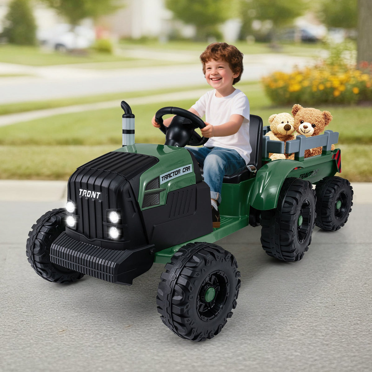 24V Ride On Tractor for Kids Electric Vehicle with Detachable Trailer and Remote Control-Dark Green view 2